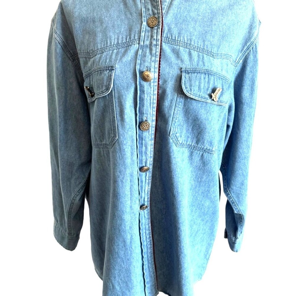 Cambridge Vintage 90s Denim Shirt Western Silver Boot Button Suede Trim Cowgirl